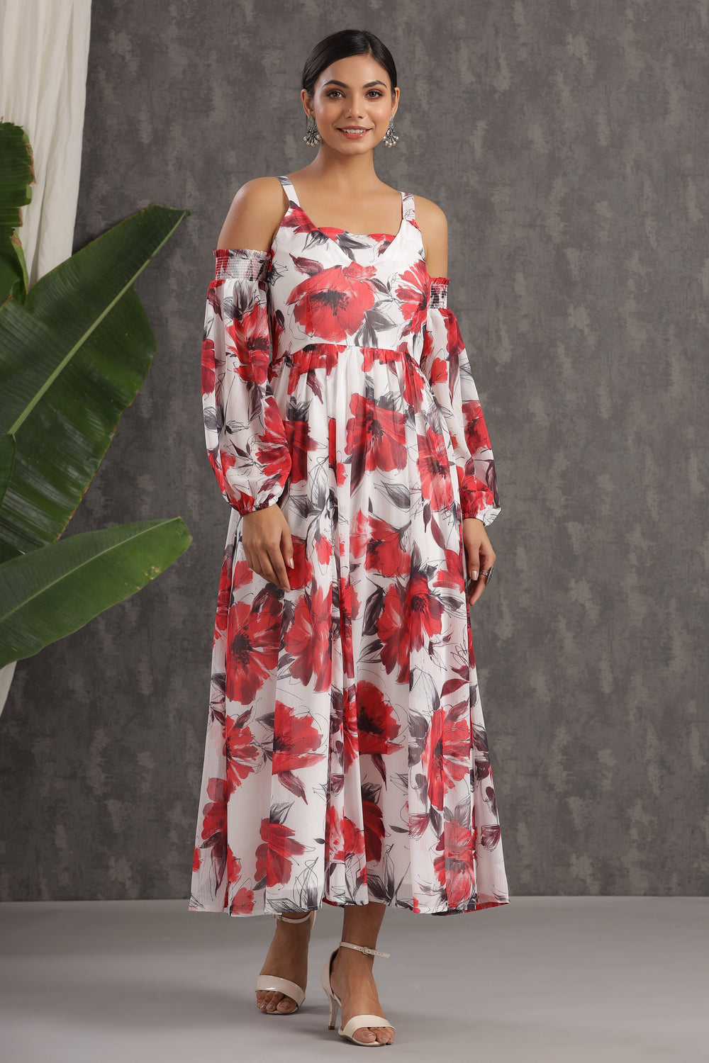 Juniper Women's White Chiffon Printed Flared Dress | Grocsy