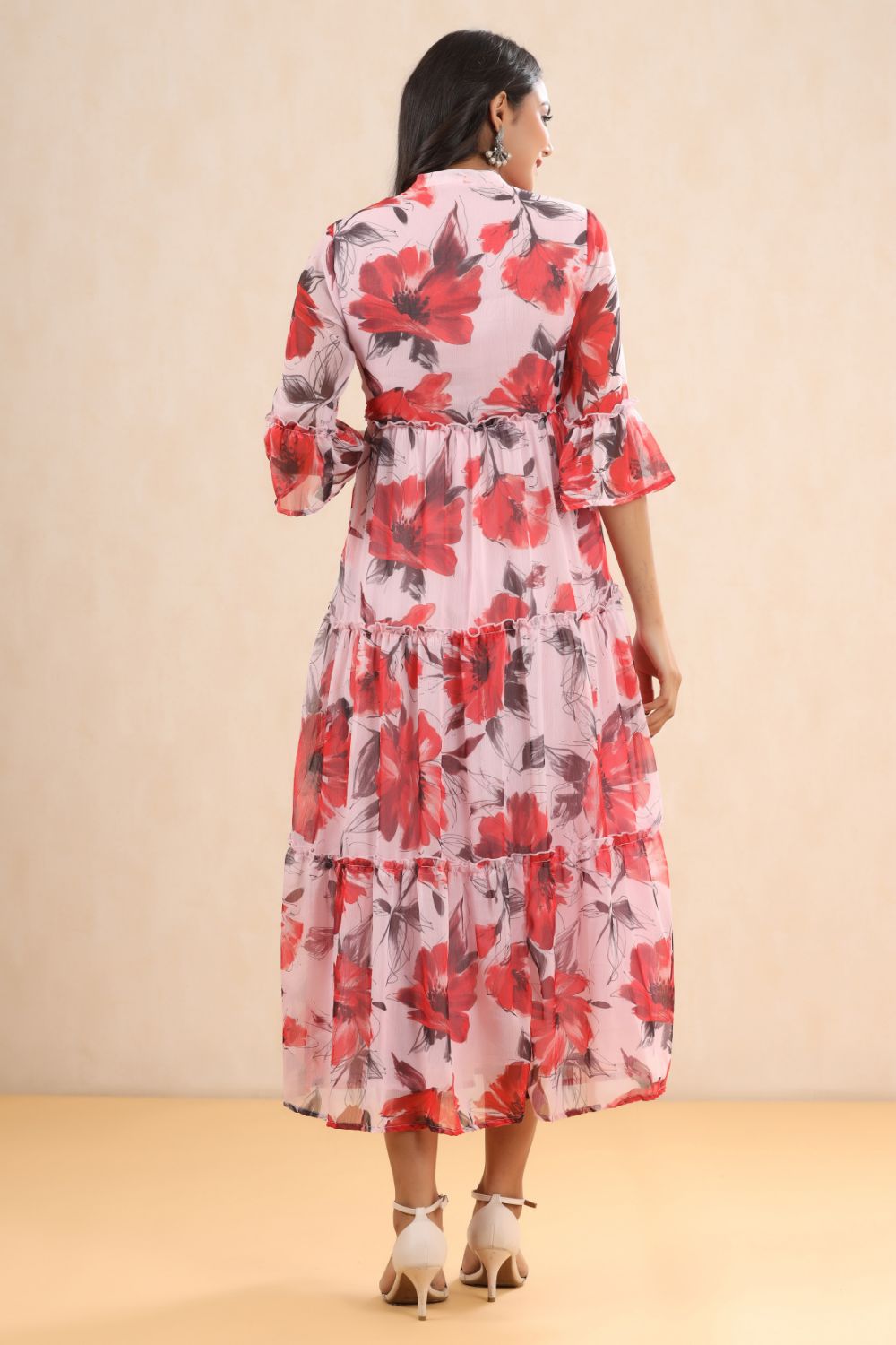 Juniper Womens Pink Chiffon Floral Printed Tiered Dress | Grocsy