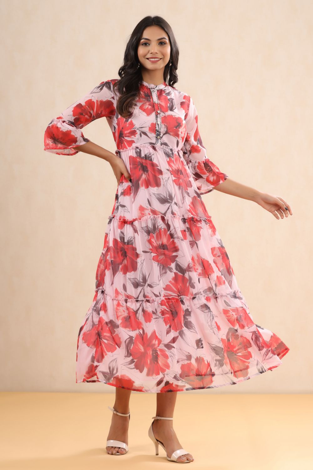Juniper Womens Pink Chiffon Floral Printed Tiered Dress | Grocsy