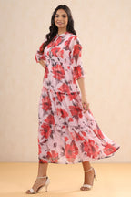 Juniper Womens Pink Chiffon Floral Printed Tiered Dress | Grocsy