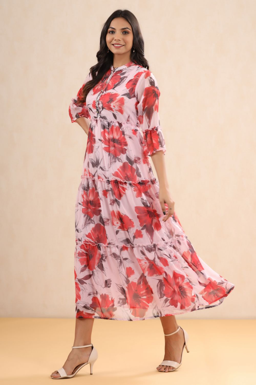 Juniper Womens Pink Chiffon Floral Printed Tiered Dress | Grocsy