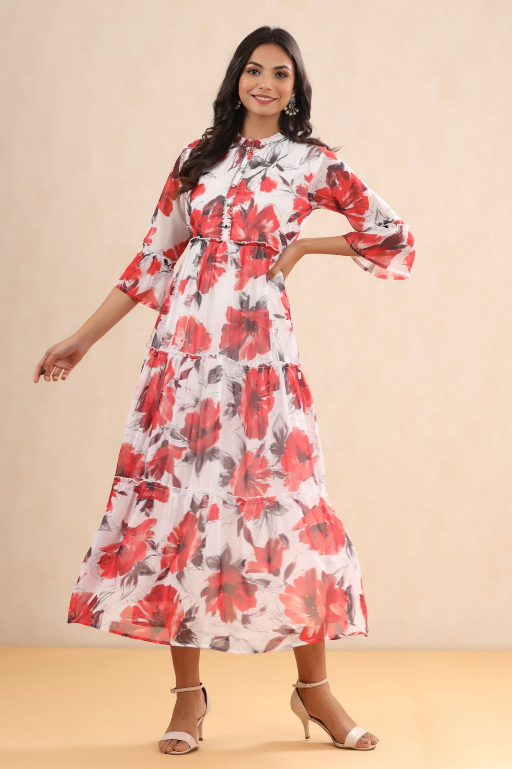 Juniper Womens White Chiffon Floral Printed Tiered Dress | Grocsy