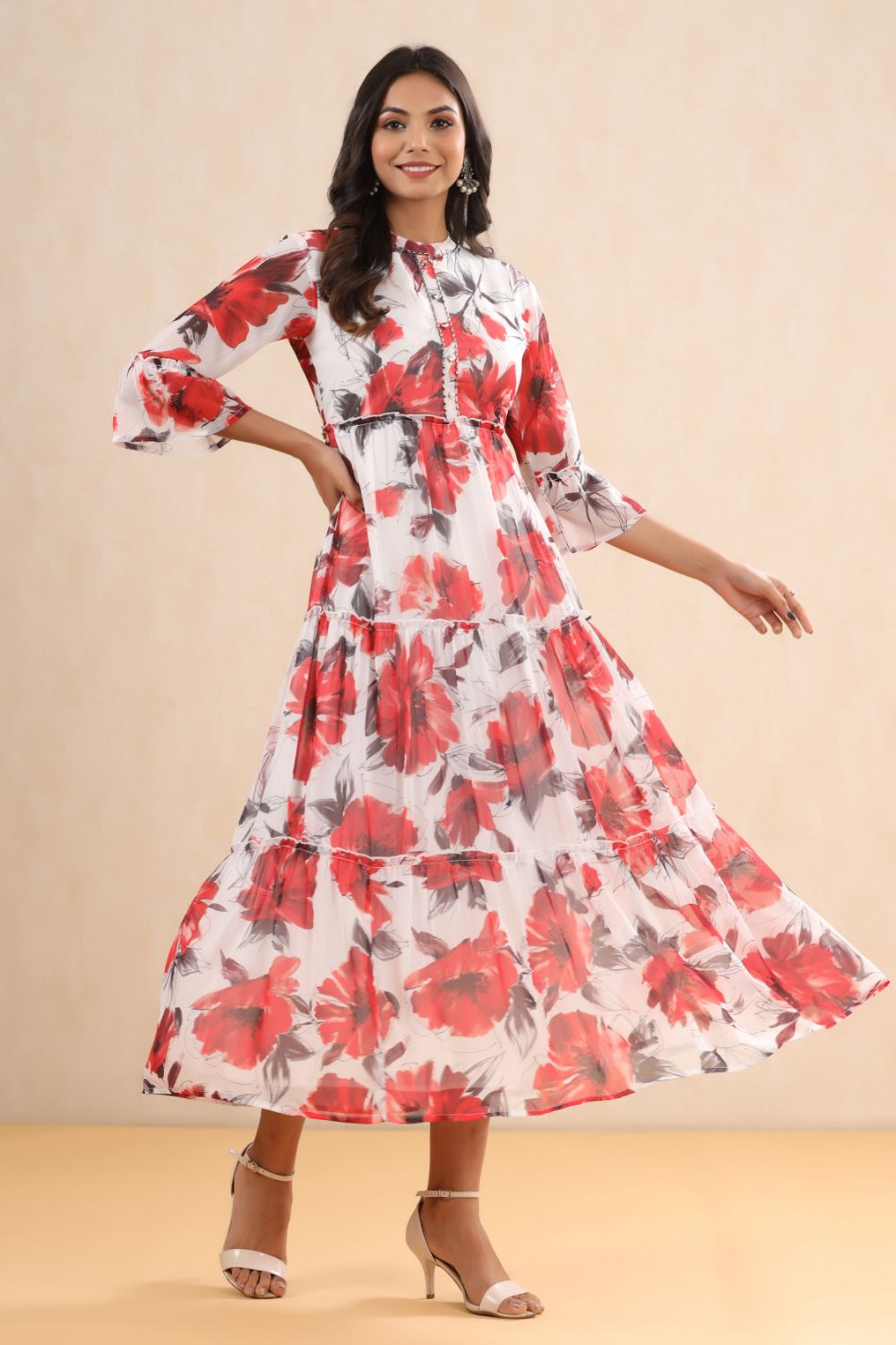 Juniper Womens White Chiffon Floral Printed Tiered Dress | Grocsy