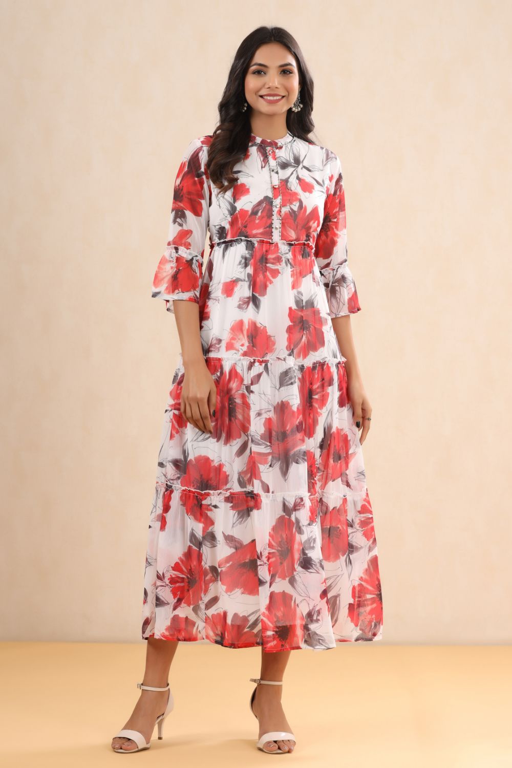 Juniper Womens White Chiffon Floral Printed Tiered Dress | Grocsy