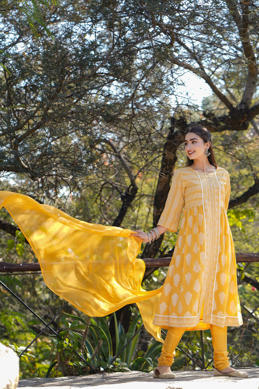 Juniper Women Yellow Georgette Printed Flared Kurta Sets | Grocsy