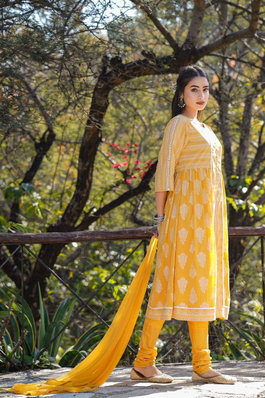 Juniper Women Yellow Georgette Printed Flared Kurta Sets | Grocsy
