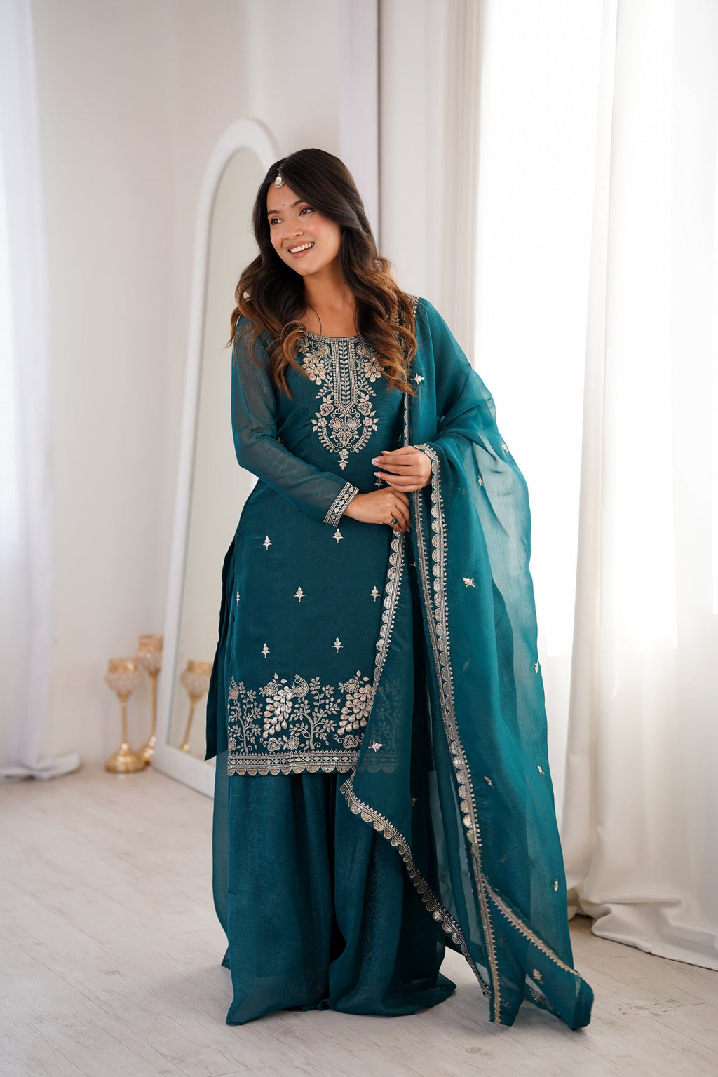 Lorenvalley Fashion Teal Soft Crunchy Silk Fabric with Embroidery Sequence, Thread and Jari Work Kurta Palazzo with Dupatta | Grocsy