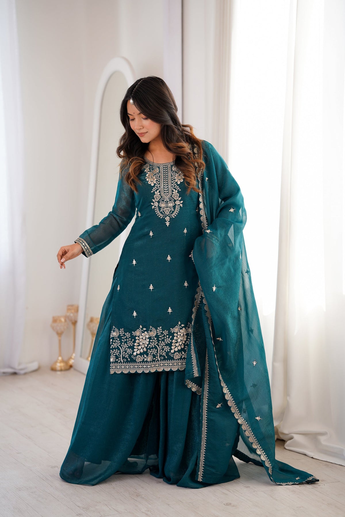 Lorenvalley Fashion Teal Soft Crunchy Silk Fabric with Embroidery Sequence, Thread and Jari Work Kurta Palazzo with Dupatta | Grocsy