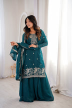 Lorenvalley Fashion Teal Soft Crunchy Silk Fabric with Embroidery Sequence, Thread and Jari Work Kurta Palazzo with Dupatta | Grocsy