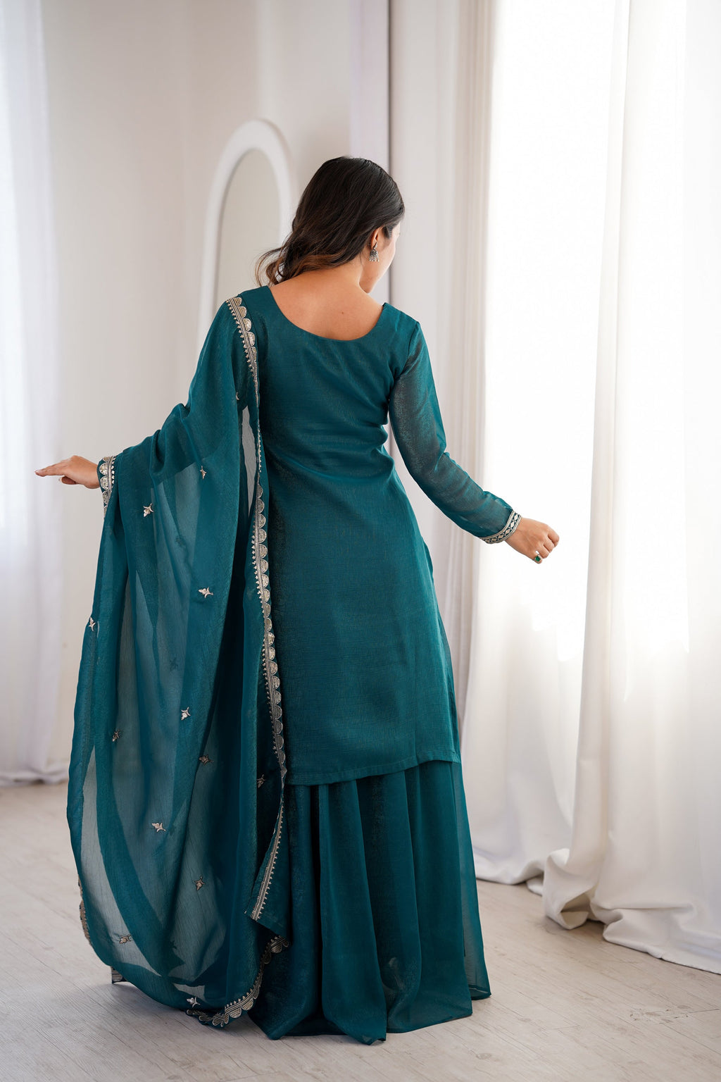 Lorenvalley Fashion Teal Soft Crunchy Silk Fabric with Embroidery Sequence, Thread and Jari Work Kurta Palazzo with Dupatta | Grocsy