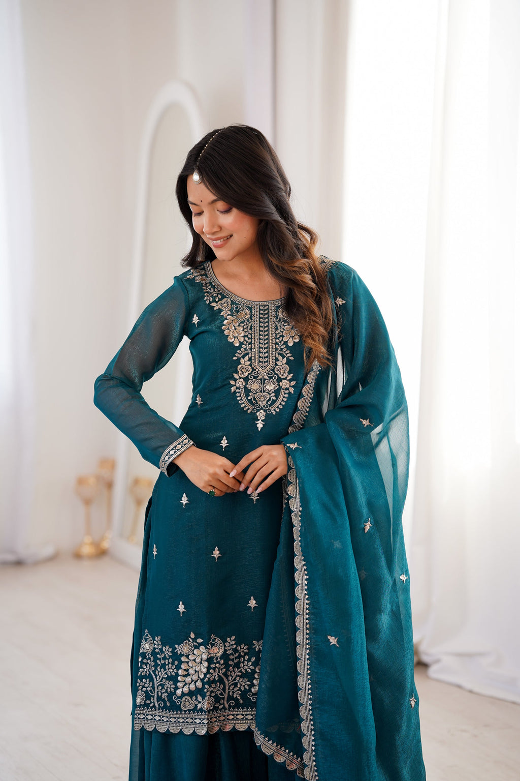 Lorenvalley Fashion Teal Soft Crunchy Silk Fabric with Embroidery Sequence, Thread and Jari Work Kurta Palazzo with Dupatta | Grocsy