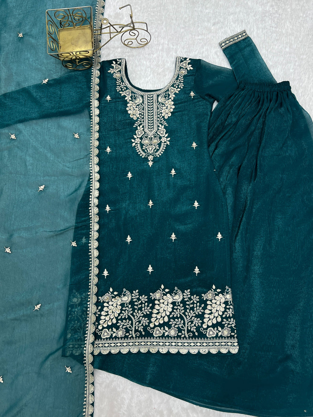 Lorenvalley Fashion Teal Soft Crunchy Silk Fabric with Embroidery Sequence, Thread and Jari Work Kurta Palazzo with Dupatta | Grocsy