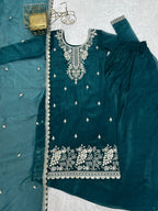 Lorenvalley Fashion Teal Soft Crunchy Silk Fabric with Embroidery Sequence, Thread and Jari Work Kurta Palazzo with Dupatta | Grocsy