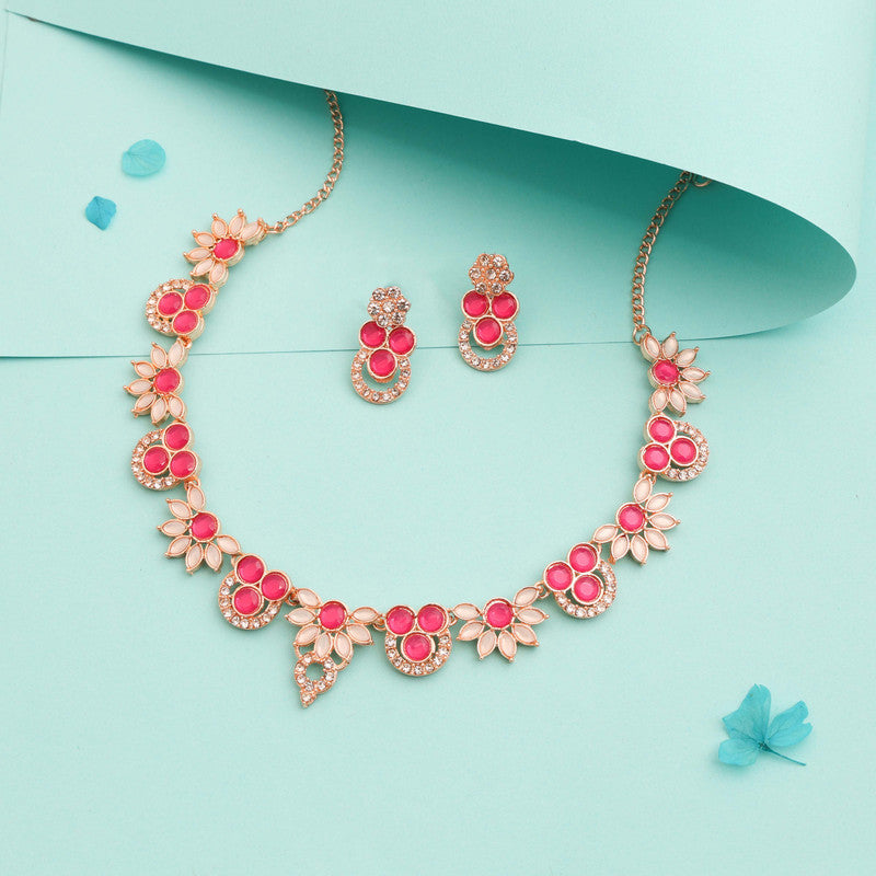 Tehzeeb Creations Gold Pleate Pink Choker Necklace With Stud | Grocsy