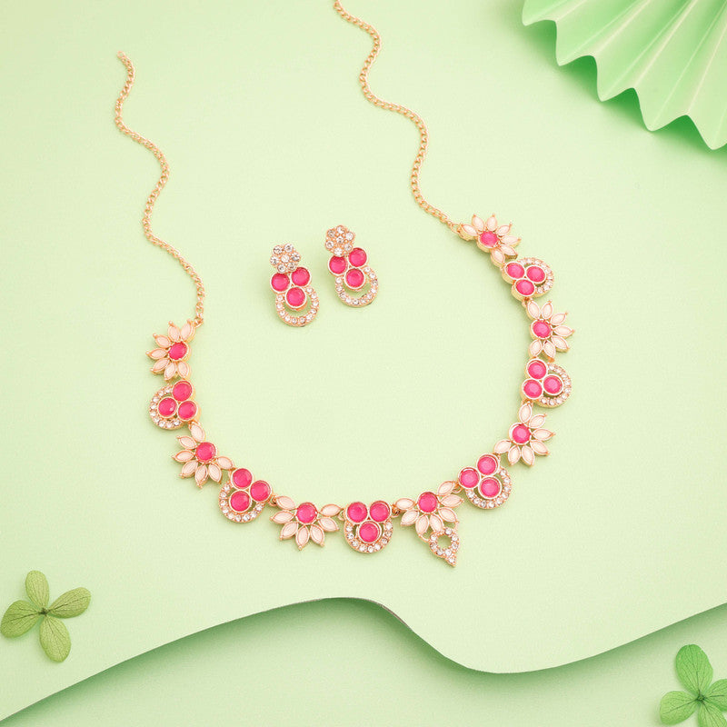Tehzeeb Creations Gold Pleate Pink Choker Necklace With Stud | Grocsy