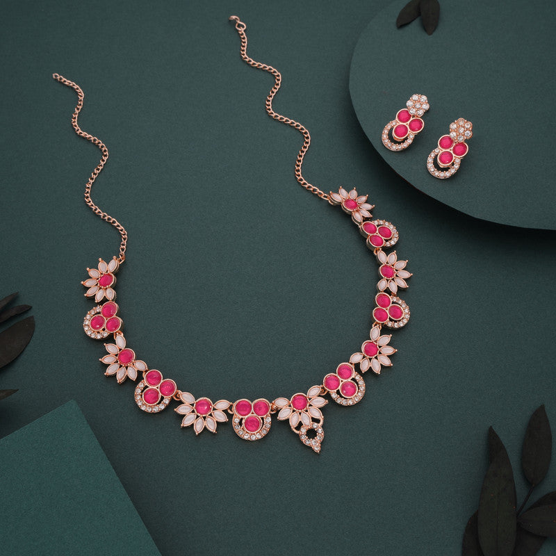 Tehzeeb Creations Gold Pleate Pink Choker Necklace With Stud | Grocsy