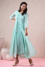 Juniper Womens Mint Georgette Foil Printed Double Layred Anarkali Dress | Grocsy