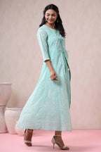 Juniper Womens Mint Georgette Foil Printed Double Layred Anarkali Dress | Grocsy