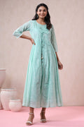 Juniper Womens Mint Georgette Foil Printed Double Layred Anarkali Dress | Grocsy