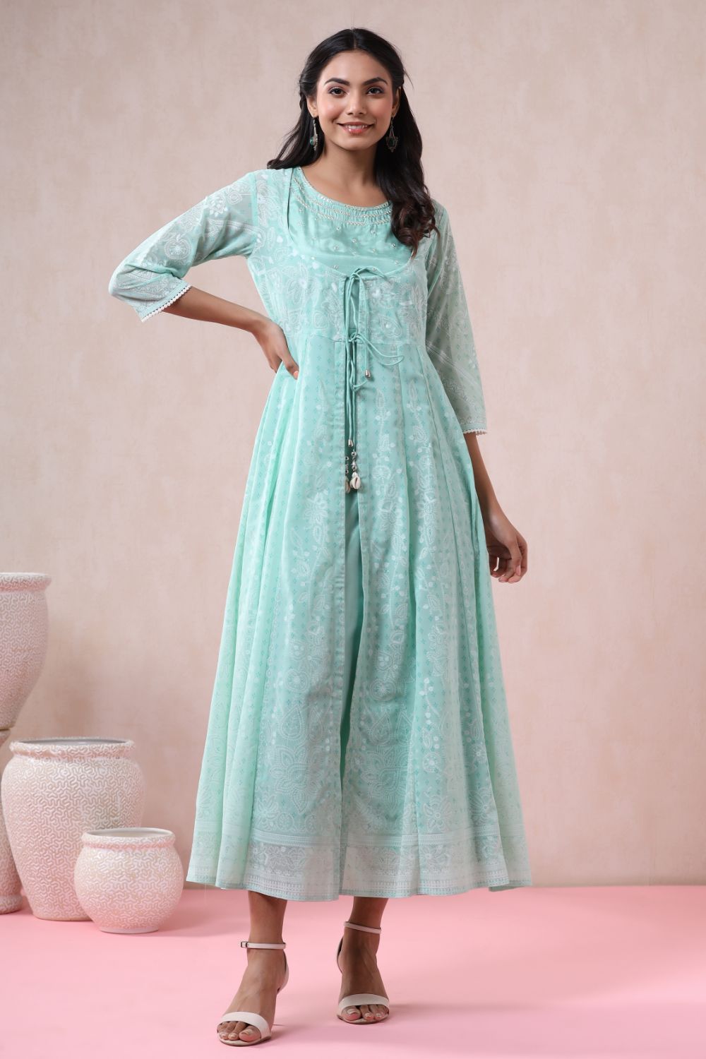 Juniper Womens Mint Georgette Foil Printed Double Layred Anarkali Dress | Grocsy