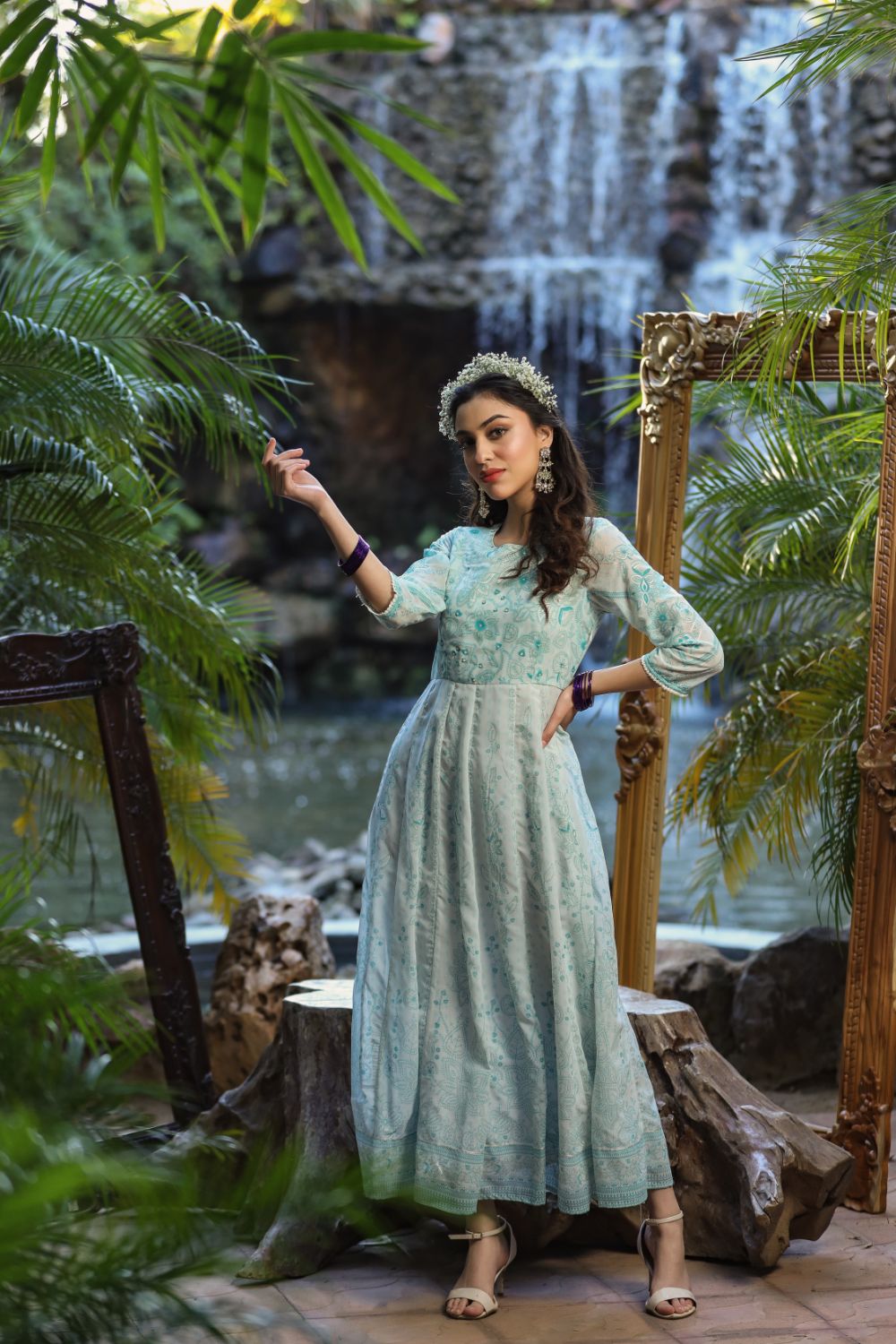 Juniper Womens Bluemulti Georgette Foil Printed Anarkali Dress | Grocsy