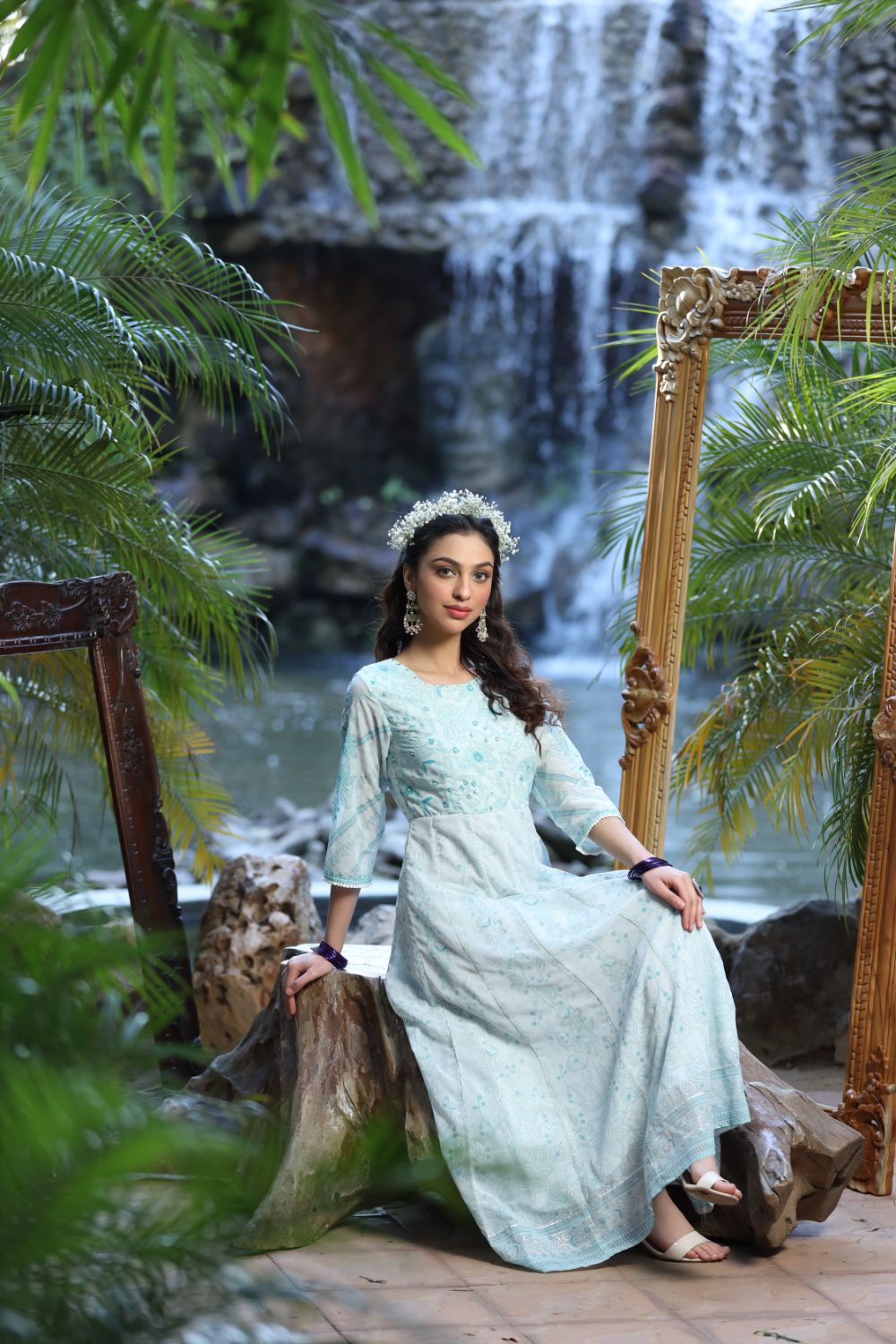 Juniper Womens Bluemulti Georgette Foil Printed Anarkali Dress | Grocsy