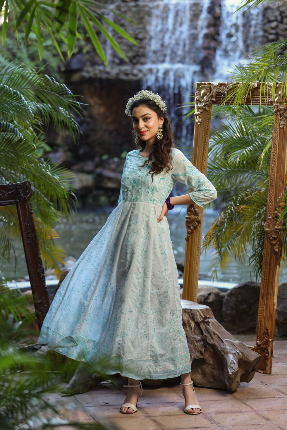 Juniper Womens Bluemulti Georgette Foil Printed Anarkali Dress | Grocsy