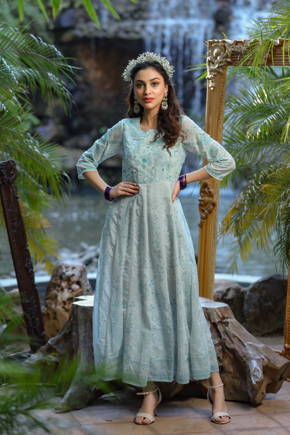 Juniper Womens Bluemulti Georgette Foil Printed Anarkali Dress | Grocsy