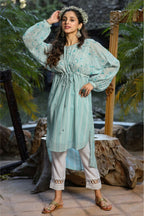 Juniper Blue Floral Printed Georgette High- Low Tunic With Shantoon Inner | Grocsy