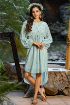 Juniper Blue Floral Printed Georgette High- Low Tunic With Shantoon Inner | Grocsy