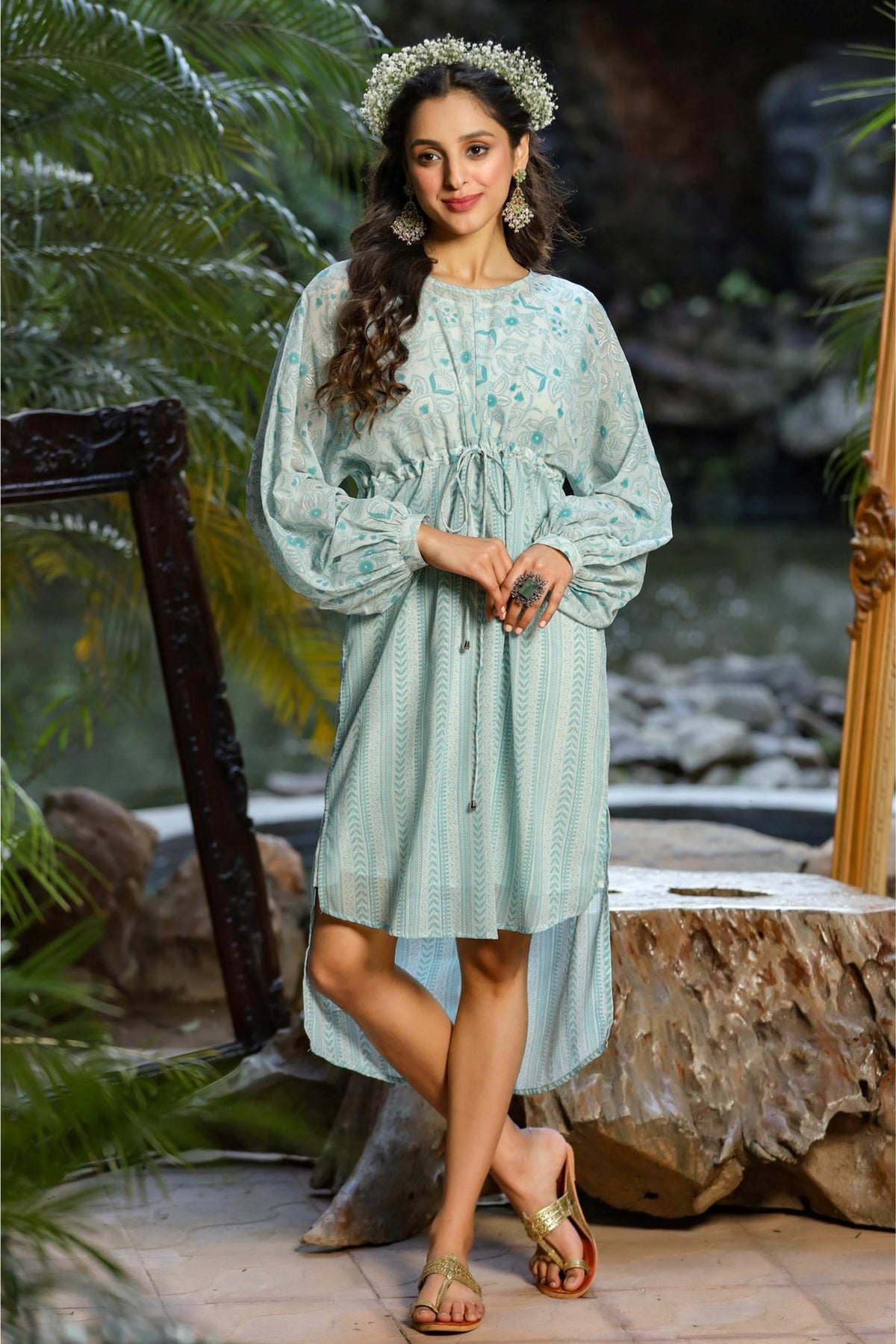 Juniper Blue Floral Printed Georgette High- Low Tunic With Shantoon Inner | Grocsy