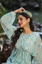 Juniper Blue Floral Printed Georgette High- Low Tunic With Shantoon Inner | Grocsy