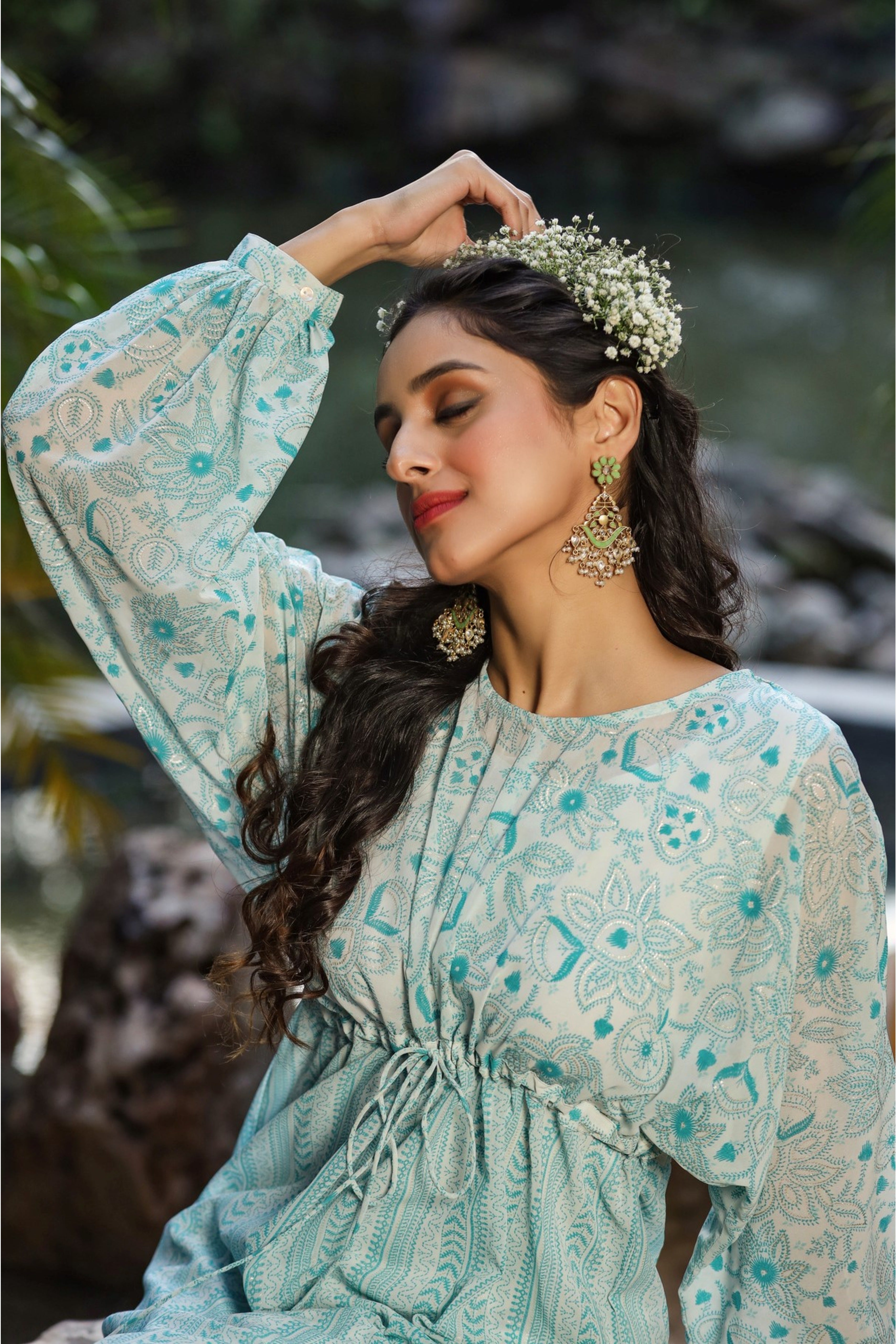 Juniper Blue Floral Printed Georgette High- Low Tunic With Shantoon Inner | Grocsy
