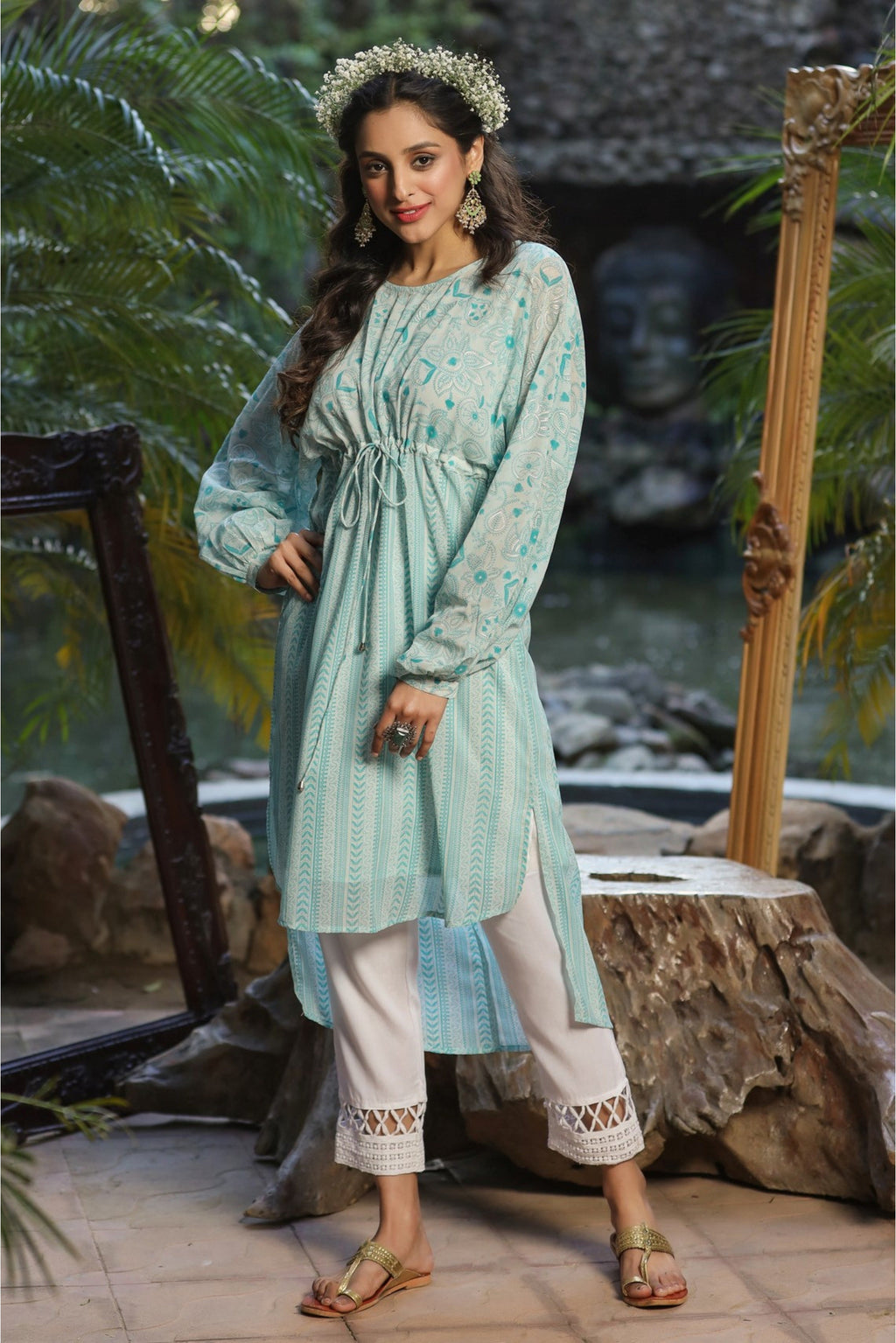 Juniper Blue Floral Printed Georgette High- Low Tunic With Shantoon Inner | Grocsy