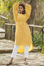 Juniper Yellow Floral Printed Georgette High- Low Tunic With Shantoon Inner | Grocsy