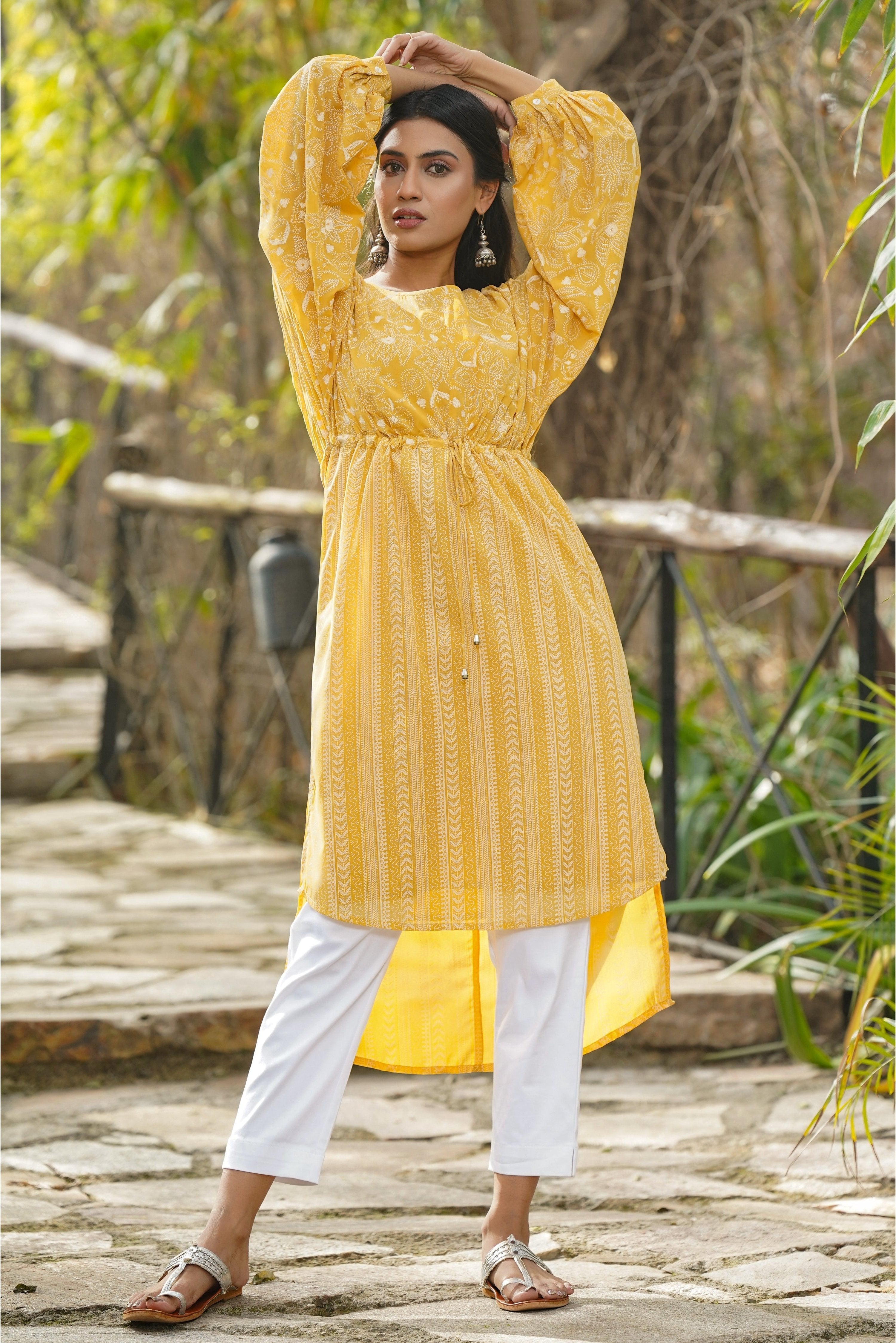 Juniper Yellow Floral Printed Georgette High- Low Tunic With Shantoon Inner | Grocsy