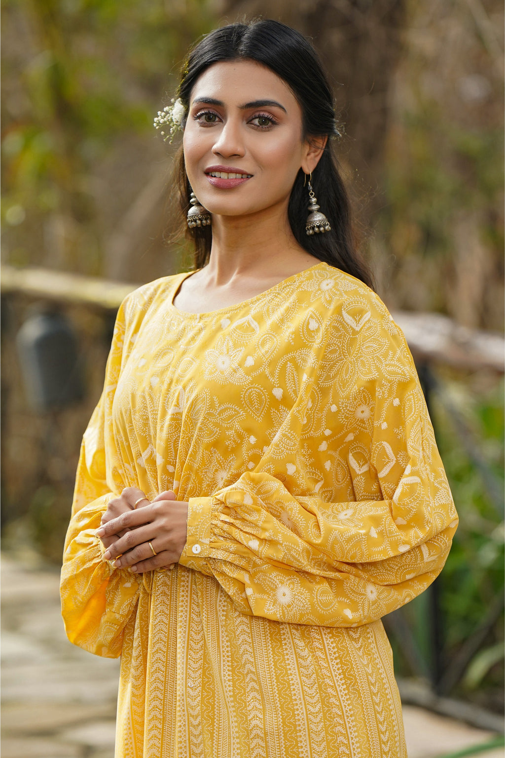 Juniper Yellow Floral Printed Georgette High- Low Tunic With Shantoon Inner | Grocsy