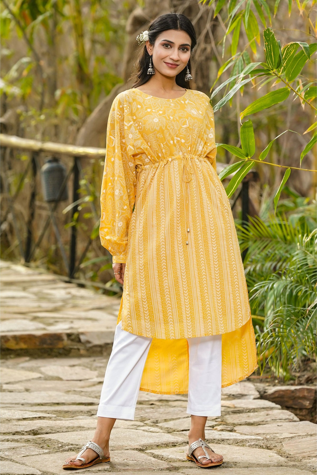 Juniper Yellow Floral Printed Georgette High- Low Tunic With Shantoon Inner | Grocsy