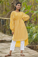 Juniper Yellow Floral Printed Georgette High- Low Tunic With Shantoon Inner | Grocsy