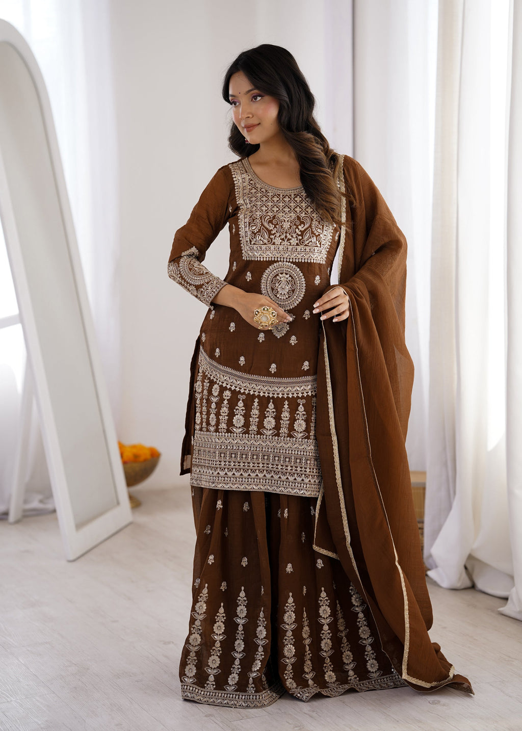 Lorenvalley Fashion Brown Soft Crunchy Silk Fabric with Embroidery Dori, Jari Work Kurta Palazzo with Dupatta | Grocsy