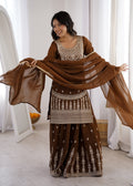 Lorenvalley Fashion Brown Soft Crunchy Silk Fabric with Embroidery Dori, Jari Work Kurta Palazzo with Dupatta | Grocsy