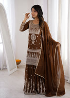 Lorenvalley Fashion Brown Soft Crunchy Silk Fabric with Embroidery Dori, Jari Work Kurta Palazzo with Dupatta | Grocsy