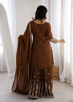 Lorenvalley Fashion Brown Soft Crunchy Silk Fabric with Embroidery Dori, Jari Work Kurta Palazzo with Dupatta | Grocsy