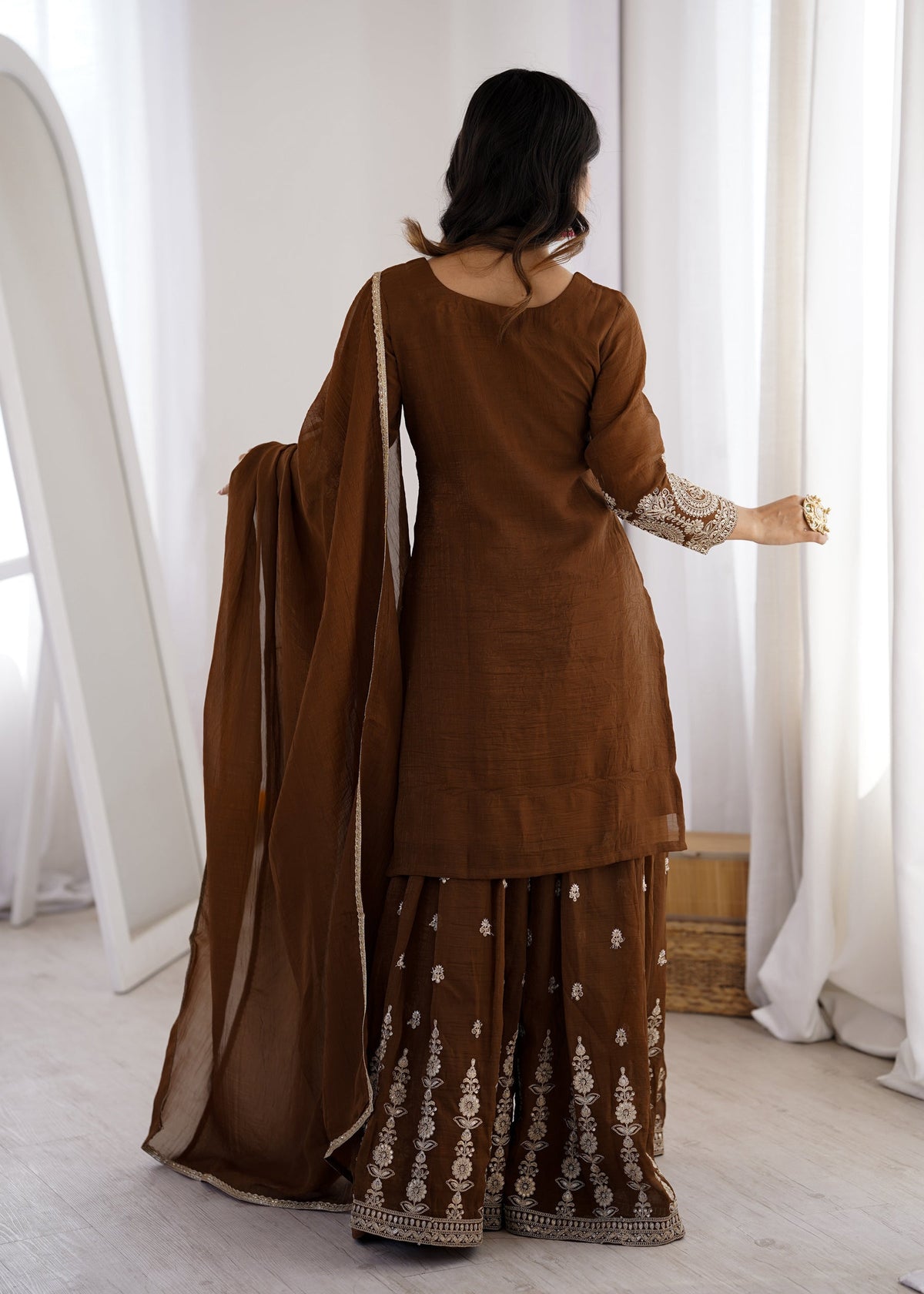 Lorenvalley Fashion Brown Soft Crunchy Silk Fabric with Embroidery Dori, Jari Work Kurta Palazzo with Dupatta | Grocsy