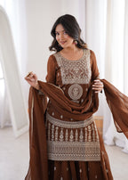 Lorenvalley Fashion Brown Soft Crunchy Silk Fabric with Embroidery Dori, Jari Work Kurta Palazzo with Dupatta | Grocsy
