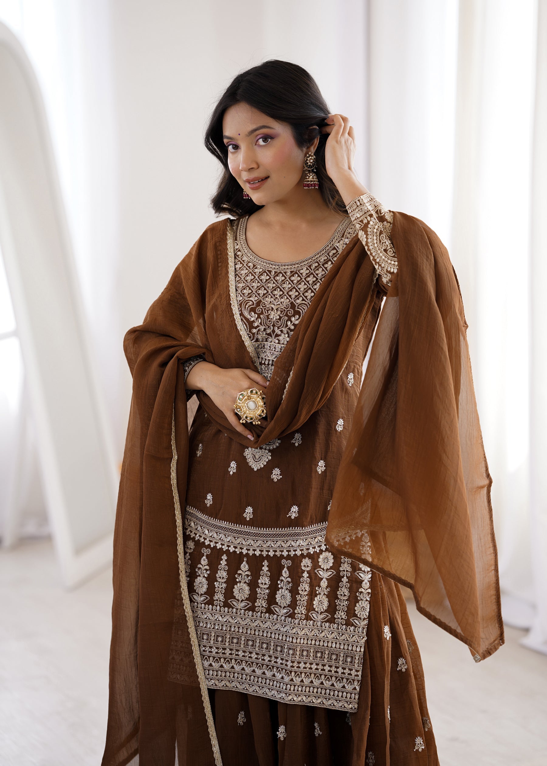 Lorenvalley Fashion Brown Soft Crunchy Silk Fabric with Embroidery Dori, Jari Work Kurta Palazzo with Dupatta | Grocsy