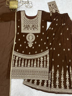 Lorenvalley Fashion Brown Soft Crunchy Silk Fabric with Embroidery Dori, Jari Work Kurta Palazzo with Dupatta | Grocsy