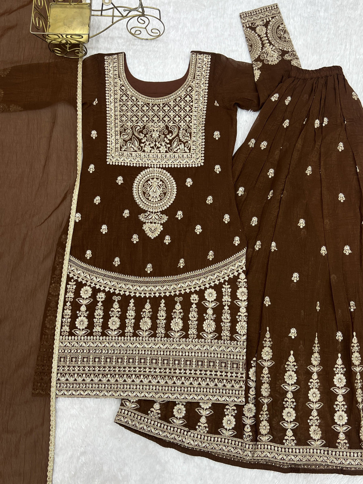Lorenvalley Fashion Brown Soft Crunchy Silk Fabric with Embroidery Dori, Jari Work Kurta Palazzo with Dupatta | Grocsy