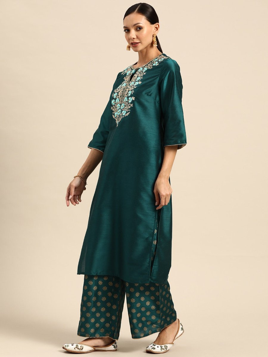 All About You Ethnic Motifs Embroidered Yoke Design Regular Sequinned Kurta with Palazzos | Grocsy