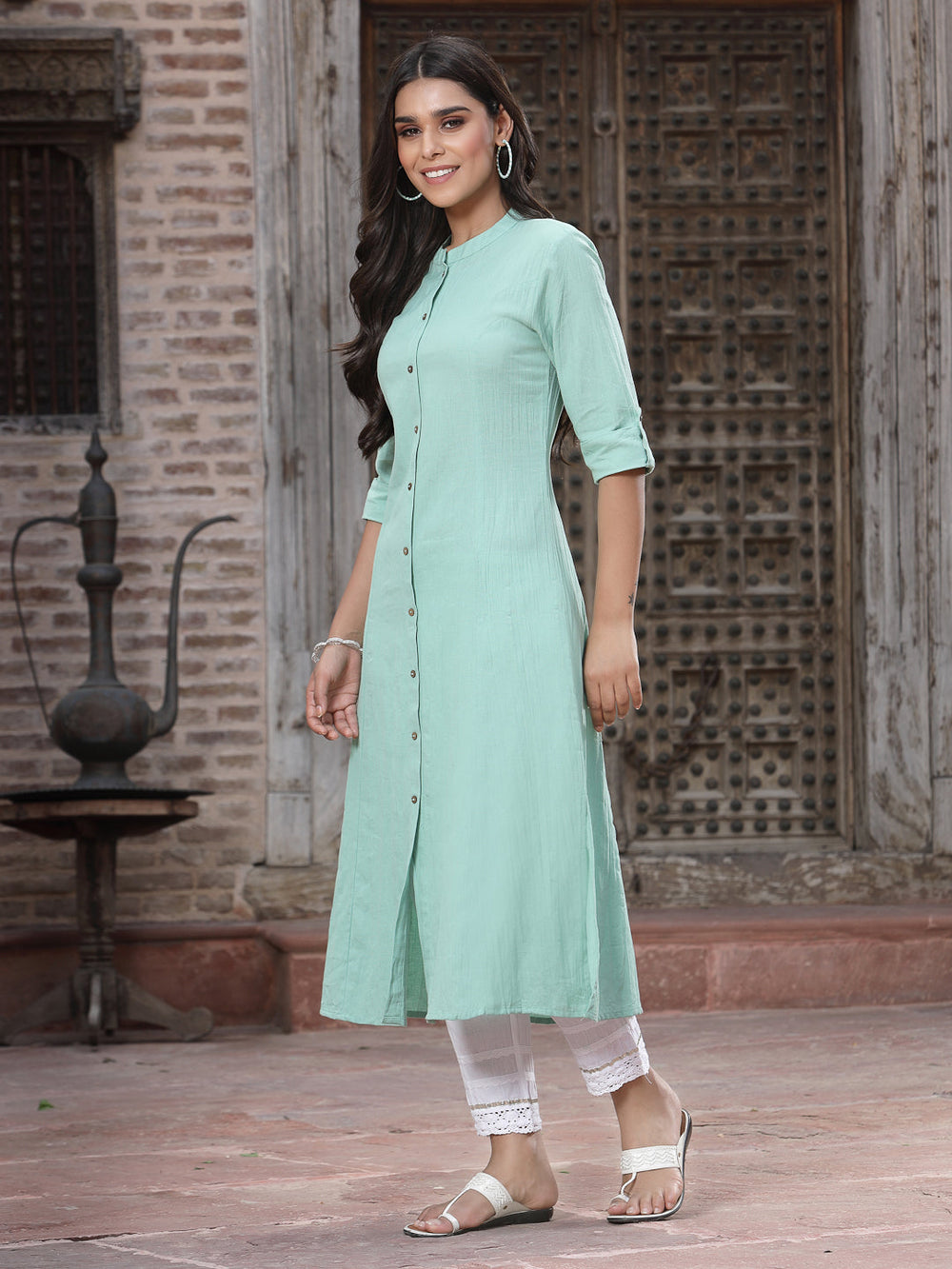 Juniper Women`s Green Cotton Flex Solid A-Line Kurta | Grocsy